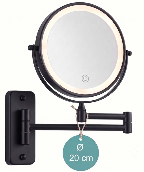 Zrcadlo do koupelny Relaxdays, nástěnné, s LED osvětlením, 10x zvětšení, otočné o 360°, průměr 20 cm, kov, napájení baterií, USB, barva: černá