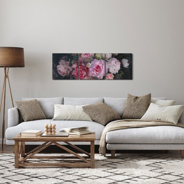 Obraz - Zahradní květy (s hodinami) (90x30 cm)