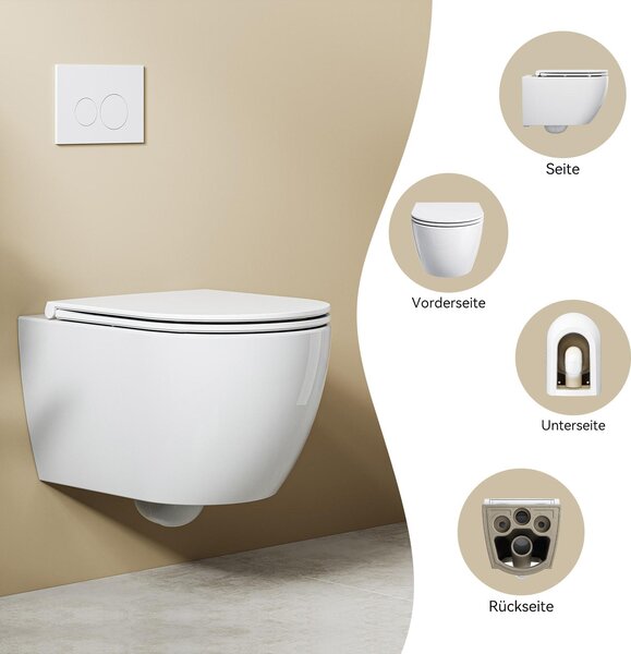 Závěsné WC HOROW bezokrajové – mísa s dvouotvorovým splachováním Superspin včetně víka s funkcí Softclose – 525 x 358 x 360 mm