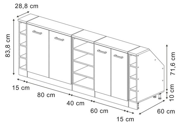 Kuchyňská skříňka pod šikmou střechu Vicco R-Line Černý beton 210 cm Sada 5 korpusů skříně hloubka 60 cm, Model 60259