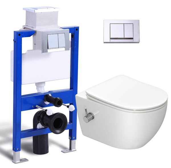 Kompletní předstěnový sprchový WC set - 82cm splachovací nádržka + závěsné WC Taharet s funkcí bidetu + obdélníková chromovaná deska HOROW
