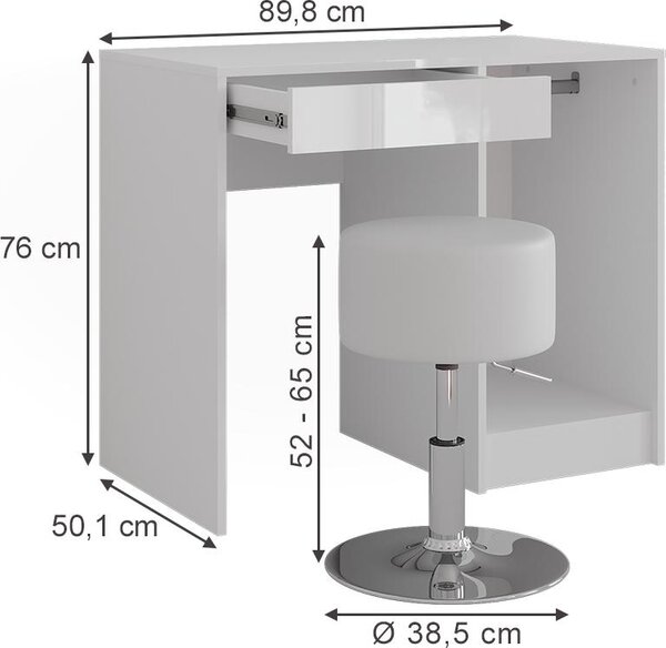 Toaletní stolek Vicco Sherry Bílá/bílý vysoký lesk 89.8 cm s stoličkou, Model 57688