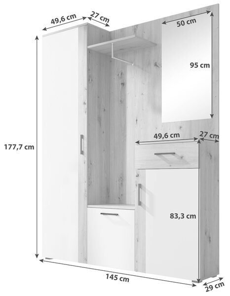 PŘEDSÍŇOVÁ STĚNA, bílá, barvy dubu, 145/184/29 cm XXXL, Online Only