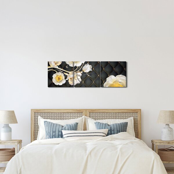 Obraz bílých květů růží (s hodinami) (90x30 cm)