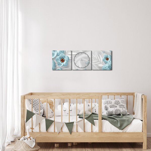 Obraz - 3D modré květy (s hodinami) (90x30 cm)
