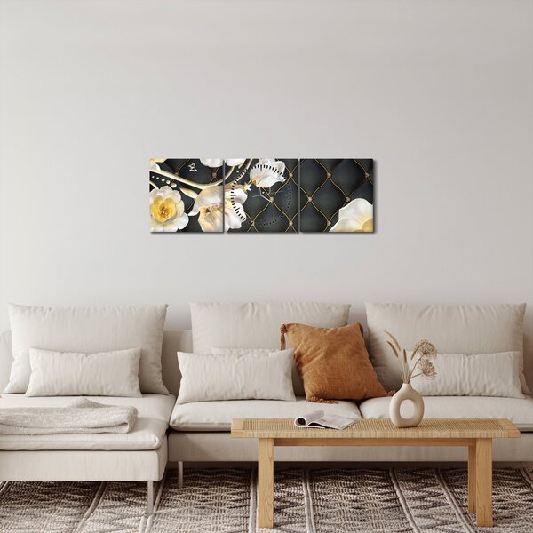 Obraz bílých květů růží (s hodinami) (90x30 cm)