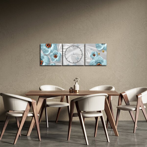 Obraz - 3D modré květy (s hodinami) (90x30 cm)