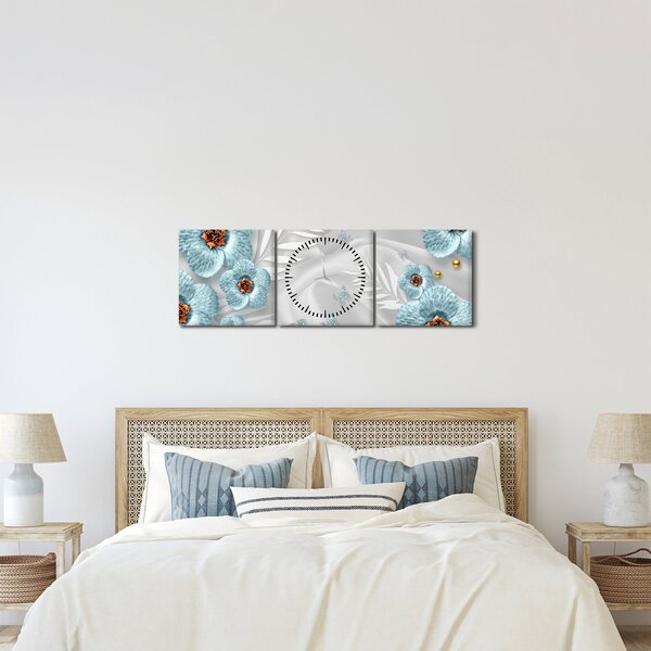 Obraz - 3D modré květy (s hodinami) (90x30 cm)