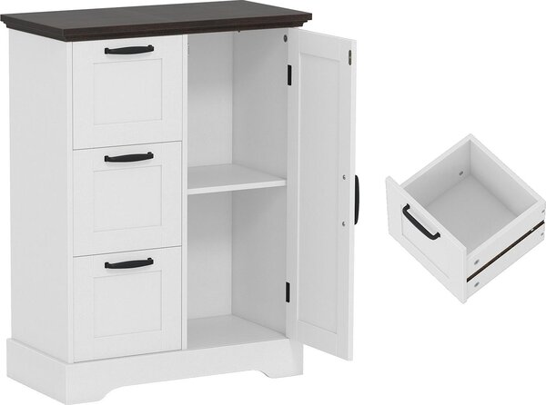 KOMFOTTEU Bufetová skříňka se 3 zásuvkami a skříňkou s dvířky, kuchyňská skříňka s magnetickou pojistkou dvířek, nízký bufet s ochranou proti překlopení, do obývacího pokoje, jídelny, 60 x 30 x 80 cm (bílá)