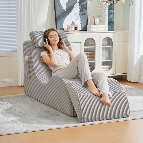 LVHOM Čalouněné lehátko s odnímatelnými polštáři a podnožkou, chaise longue, polohovací lehátko s funkcí spaní, manšestrová tkanina, světle šedá barva