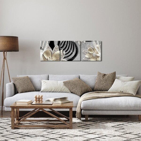 Obraz - 3D zlaté květy (s hodinami) (90x30 cm)