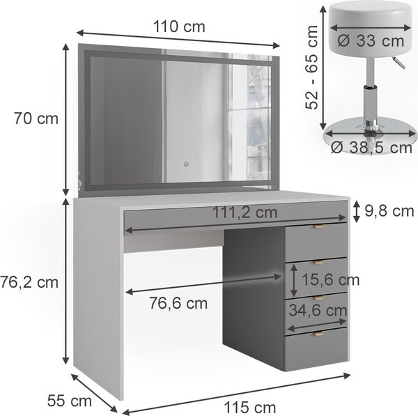Toaletní stolek Vicco Elise Bílá/šedá/šedá 115 cm s LED zrcadlem a stoličkou, Model 41346