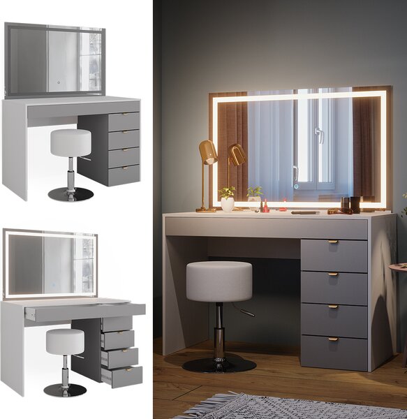 Toaletní stolek Vicco Elise Bílá/šedá/šedá 115 cm s LED zrcadlem a stoličkou, Model 41346