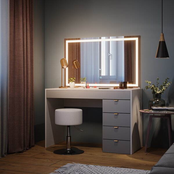 Toaletní stolek Vicco Elise Bílá/šedá/šedá 115 cm s LED zrcadlem a stoličkou, Model 41346