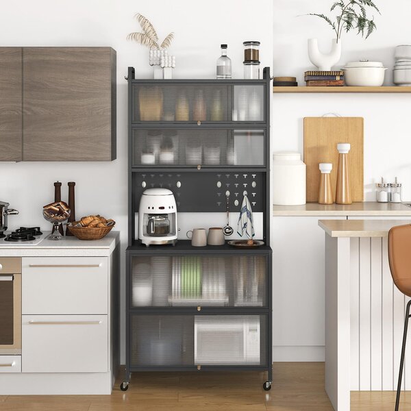 COSTWAY Kuchyňská skříňka s kolečky, bufetová skříňka s pracovní deskou, perforovaný panel, háčky, průhledná dvířka, pro mikrovlnnou troubu, úložná skříňka, šedá barva