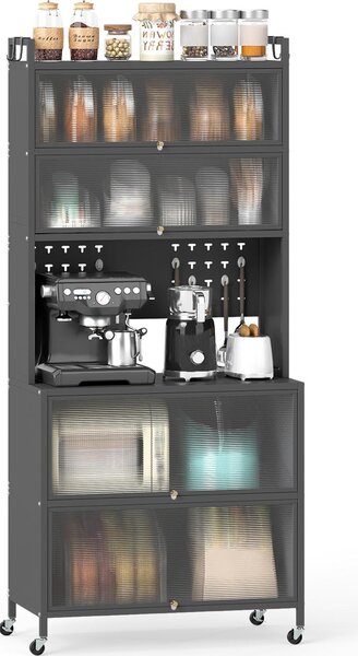 COSTWAY Kuchyňská skříňka s kolečky, bufetová skříňka s pracovní deskou, perforovaný panel, háčky, průhledná dvířka, pro mikrovlnnou troubu, úložná skříňka, šedá barva