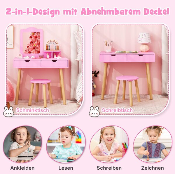 Dětský toaletní stolek COSTWAY, toaletní stolek 2 v 1, psací stůl a stolička se zrcadlem, 2 zásuvky, hřeben, kosmetická toaletka pro dívky od 3 let, růžový