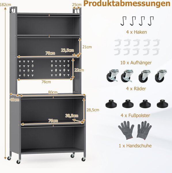 COSTWAY Kuchyňská skříňka s kolečky, bufetová skříňka s pracovní deskou, perforovaný panel, háčky, průhledná dvířka, pro mikrovlnnou troubu, úložná skříňka, šedá barva