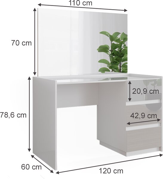 Toaletní stolek Vicco Marla Bílá vysoký lesk 120 cm se 3 zásuvkami a zrcadlem, Model 51985