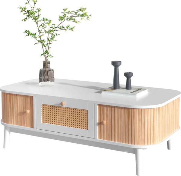 Konferenční stolek Fortuna Lai ve venkovském stylu 110 x 55 x 38,5 cm - Konferenční stolek s ratanovými zásuvkami a dvířky - bílý