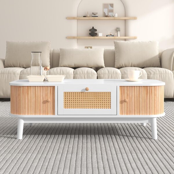 Konferenční stolek Fortuna Lai ve venkovském stylu 110 x 55 x 38,5 cm - Konferenční stolek s ratanovými zásuvkami a dvířky - bílý