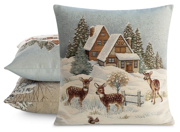 VÁNOČNÍ GOBELÍNOVÝ DEKORAČNÍ POVLAK NA POLŠTÁŘ SNOWY WISHES 45X45 CM VZOROVANÝ