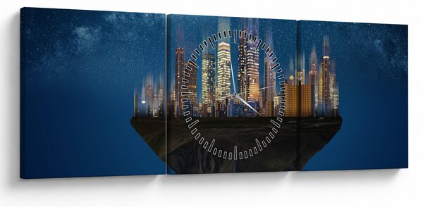 Obraz - Velkoměsto plující prostorem (s hodinami) (90x30 cm)
