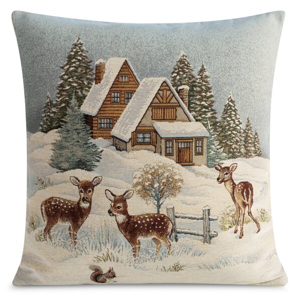 VÁNOČNÍ GOBELÍNOVÝ DEKORAČNÍ POVLAK NA POLŠTÁŘ SNOWY WISHES 45X45 CM VZOROVANÝ