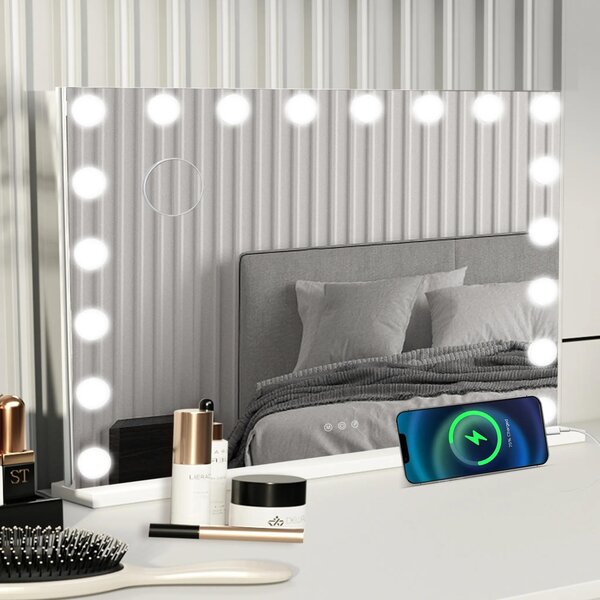 AjieQaQ Kosmetické zrcadlo Hollywood 18 LED 80x60 cm, 3 barvy světla, stmívatelné na líčení, s osvětlením, 10x zvětšení, nástěnné zrcadlo bílé