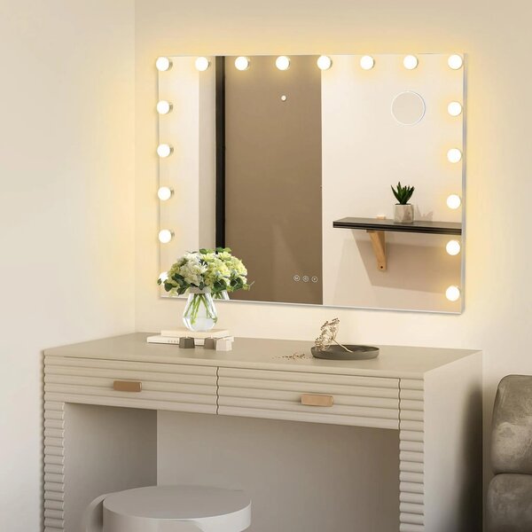 AjieQaQ Kosmetické zrcadlo Hollywood 18 LED 80x60 cm, 3 barvy světla, stmívatelné na líčení, s osvětlením, 10x zvětšení, nástěnné zrcadlo bílé
