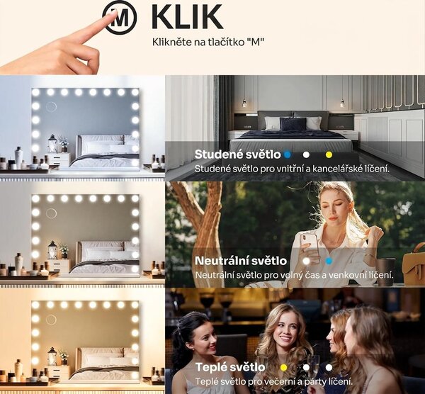 AjieQaQ Kosmetické zrcadlo Hollywood 18 LED 80x60 cm, 3 barvy světla, stmívatelné na líčení, s osvětlením, 10x zvětšení, nástěnné zrcadlo bílé