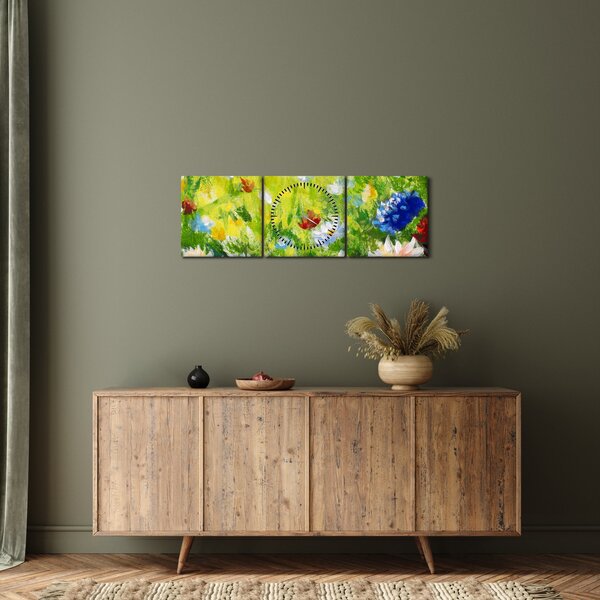Obraz rozkvetlé louky, olejomalba (s hodinami) (90x30 cm)