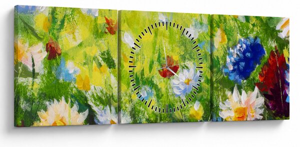 Obraz rozkvetlé louky, olejomalba (s hodinami) (90x30 cm)