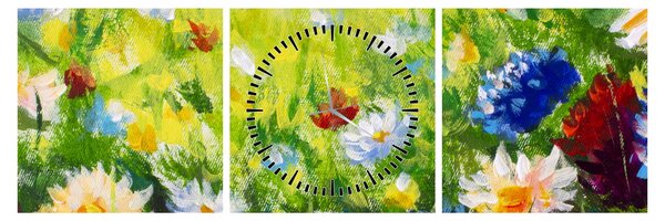 Obraz rozkvetlé louky, olejomalba (s hodinami) (90x30 cm)