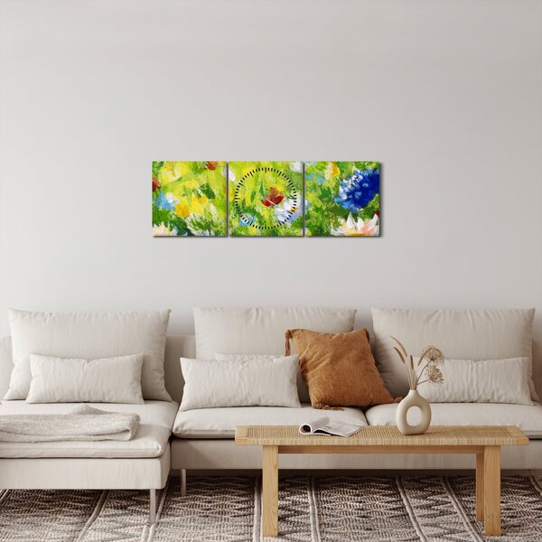 Obraz rozkvetlé louky, olejomalba (s hodinami) (90x30 cm)