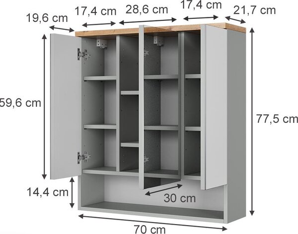 Koupelnová zrcadlová skříňka Vicco Eden Šedá 70 x 77.5 cm se 3 zrcadlovými dvířky, Model 59744