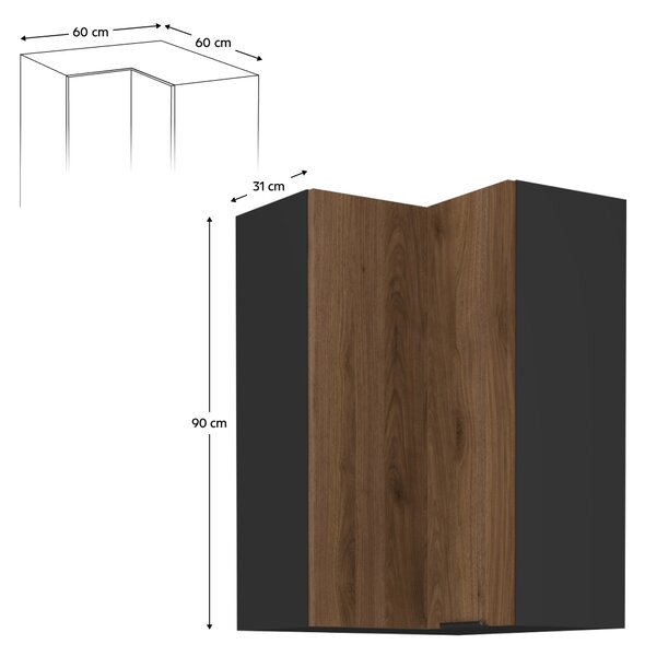 Kondela Horní rohová kuchyňská skříňka Menzo 60x60 GN-90 2F - černá / ořech