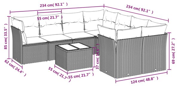 9dílná zahradní sedací souprava a podušky světle šedá polyratan 3217322