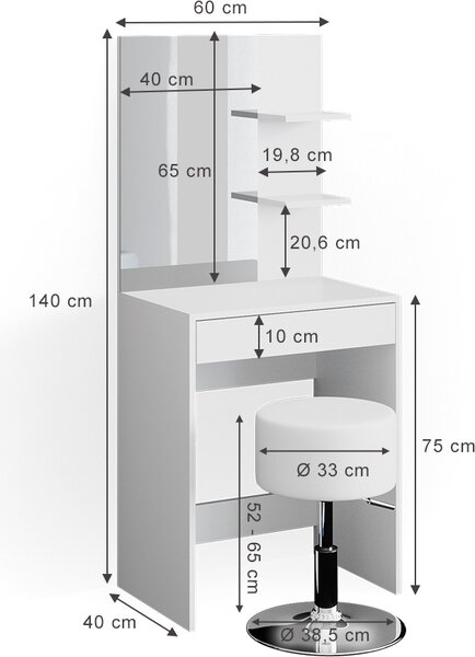 Toaletní stolek Vicco Isabelle Bílá 60 cm s taburetem, Model 34446