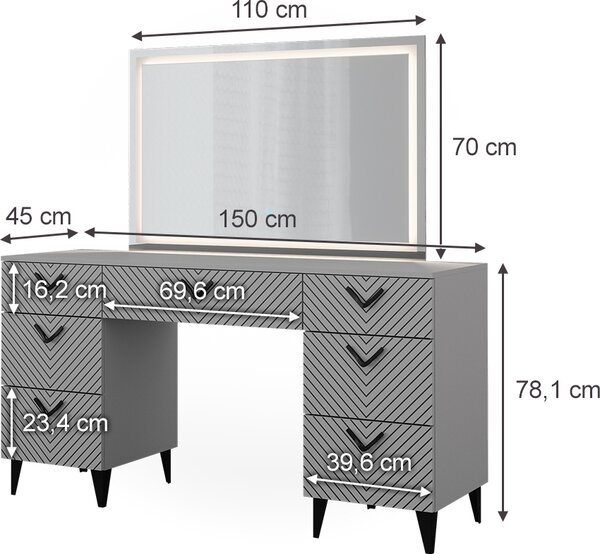 Toaletní stolek Vicco Anett Šedá 150 cm s LED zrcadlem, Model 40717