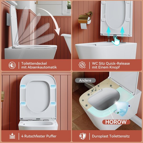 HOROW 82cm splachovací klozetová souprava bez ráfku - skrytá splachovací nádržka + závěsný klozet + bílé kulaté tlačítko