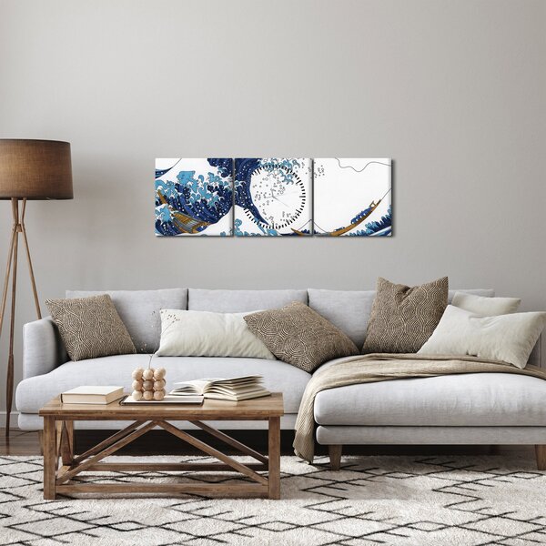 Obraz - Japonská kresba, vlny (s hodinami) (90x30 cm)