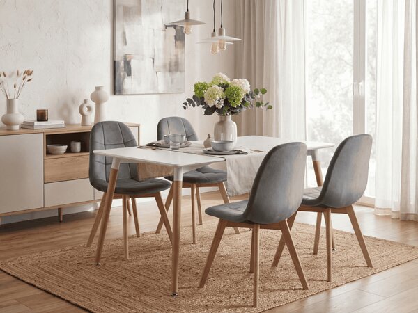 Jídelní set 1 + 4, bílý stůl ADRIA 120x80 cm + tmavě šedá sametová židle BORA