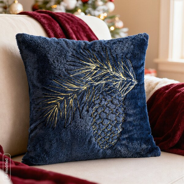 CHLUPATÝ VÁNOČNÍ DEKORAČNÍ POVLAK NA POLŠTÁŘ PINE 45X45 CM TMAVĚ MODRÝ
