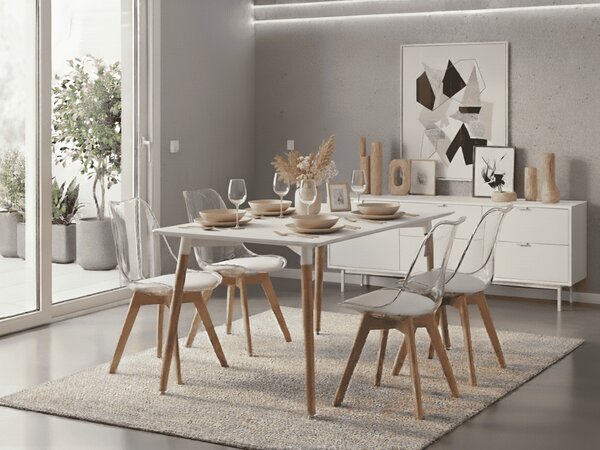 Jídelní set 1 + 4, bílý stůl ADRIA 120x80 cm + transparentní židle BALI MARK s bukovými nohami