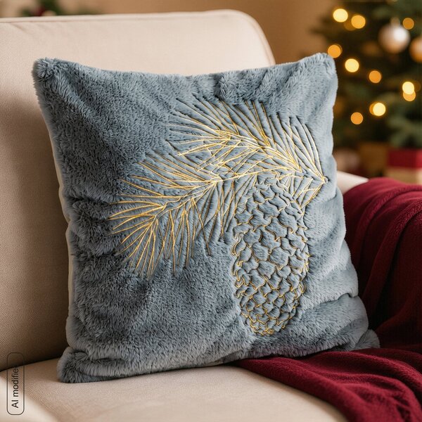 CHLUPATÝ VÁNOČNÍ DEKORAČNÍ POVLAK NA POLŠTÁŘ PINE 45X45 CM ŠEDOMODRÝ