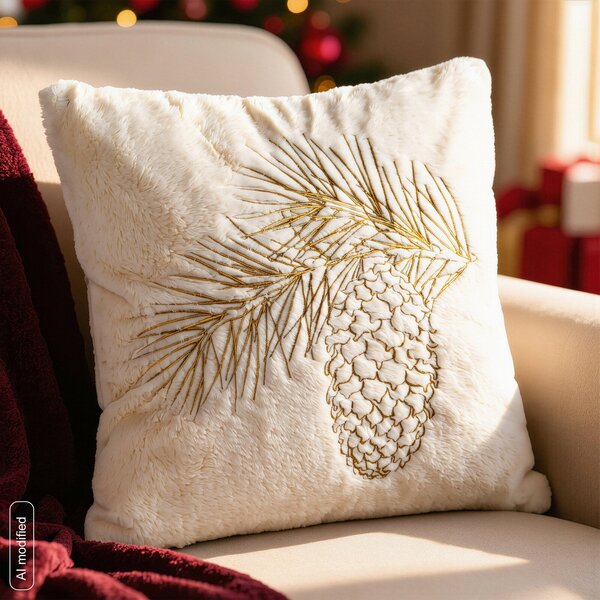 CHLUPATÝ VÁNOČNÍ DEKORAČNÍ POVLAK NA POLŠTÁŘ PINE 45X45 CM KRÉMOVÝ