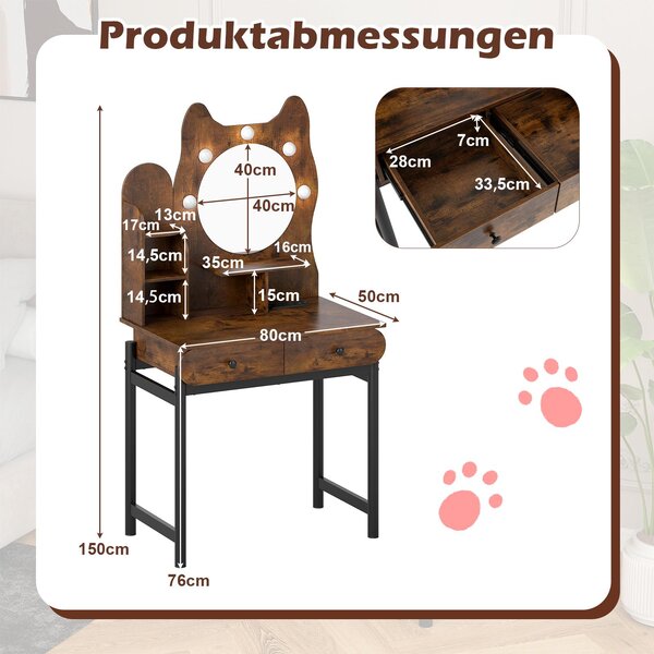 Kosmetický stolek COSTWAY Kosmetický stolek ve tvaru kočky, toaletní stolek se zrcadlem, osvětlením, 3 režimy osvětlení, stmívatelným jasem, zásuvkami a 2 zásuvkami