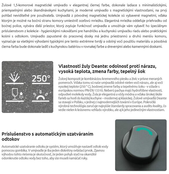 Deante Magnetic, granitový dřez na desku 690x500x219 mm, 3,5" + prostorově úsporný sifon, 1,5-komorový, černá, ZRM_N503