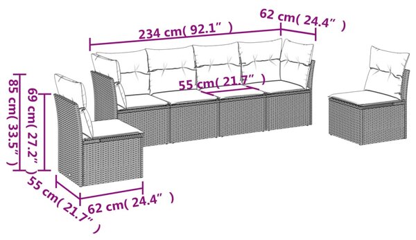 6dílná zahradní sedací souprava s poduškami hnědá polyratan 3217373